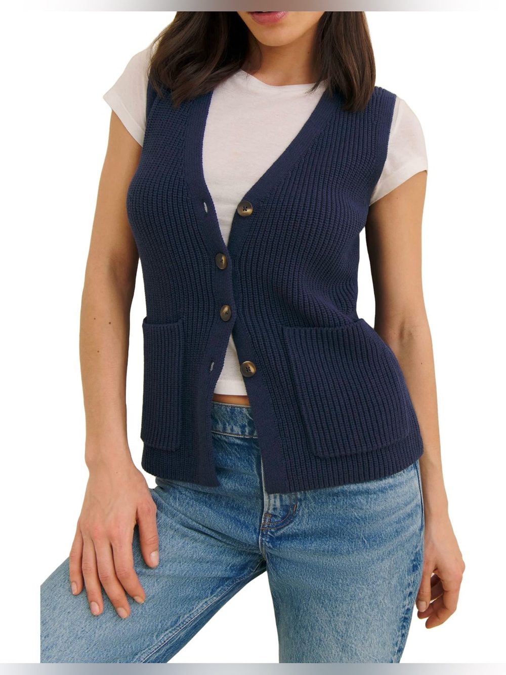 REFORMATION Navy Faye Cotton Sweater Vest